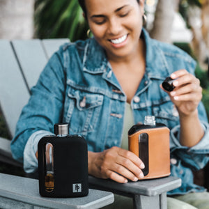 Black & Tan Leather Double Shot 240mL Glass Flask for women