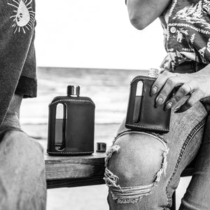 Dark Brown Leather Single 100mL and Double Shot 240mL Glass Flask Gift Set at the park