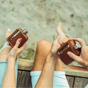 Dark Brown Leather Single 100mL and Double Shot 240mL Glass Flask Gift Set for camping