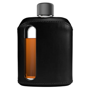 Black Leather Double Shot 240mL Glass Flask front