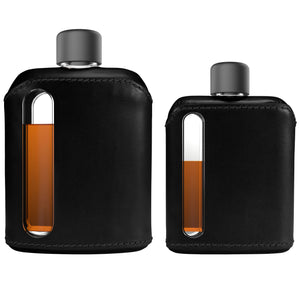 Black Leather Single 100mL and Double Shot 240mL Glass Flask Gift Set front