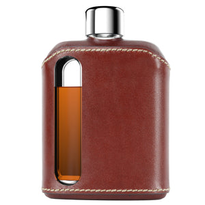 Dark Brown Leather Double Shot 240mL Glass Flask front