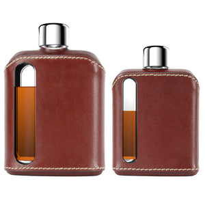 Dark Brown Leather Single 100mL and Double Shot 240mL Glass Flask Gift Set front