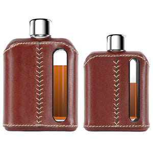 Dark Brown Leather Single 100mL and Double Shot 240mL Glass Flask Gift Set back