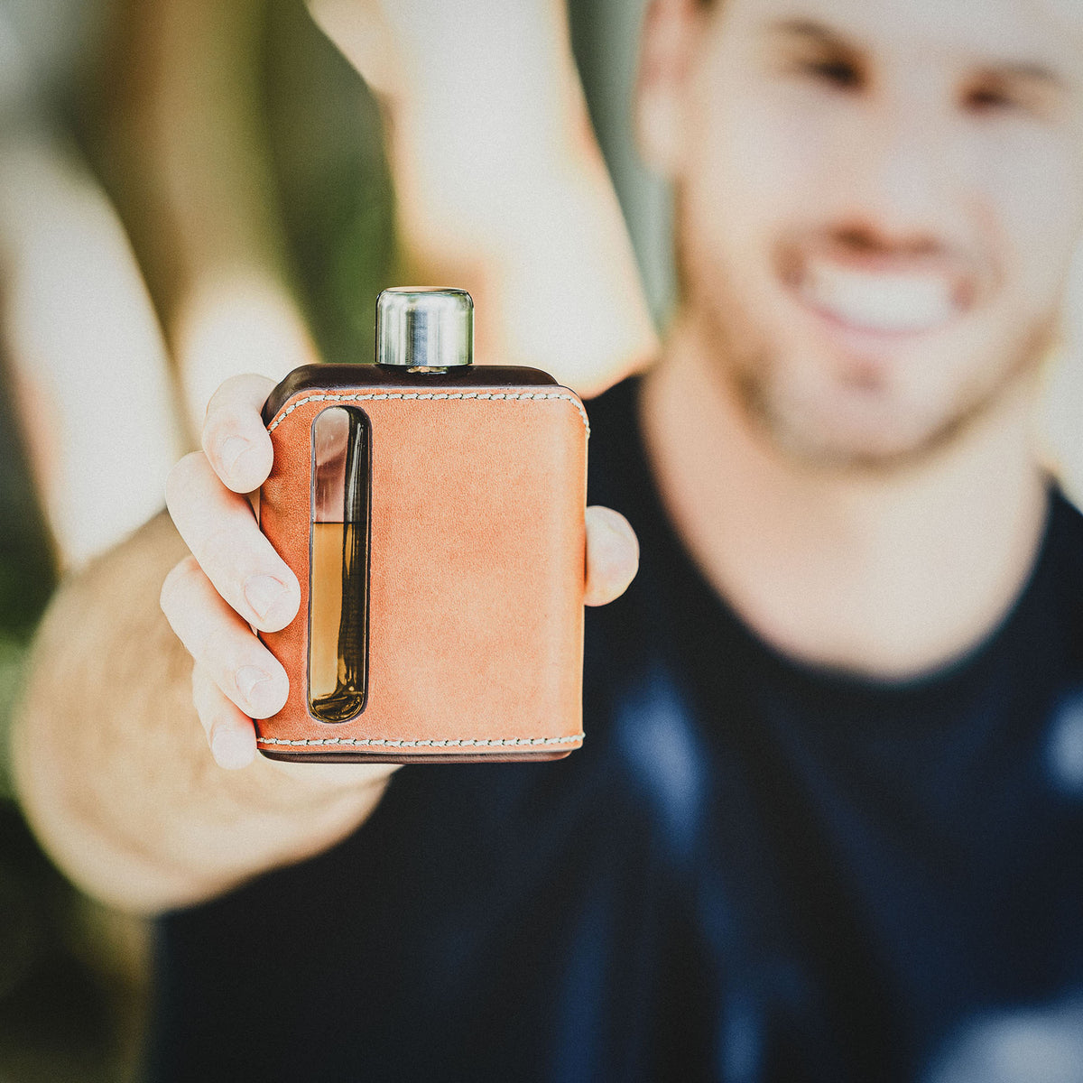 Dark &amp; Tan Leather Single Shot 100mL Glass Flask for whiskey