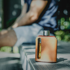 Dark & Tan Leather Single Shot 100mL Glass Flask for camping
