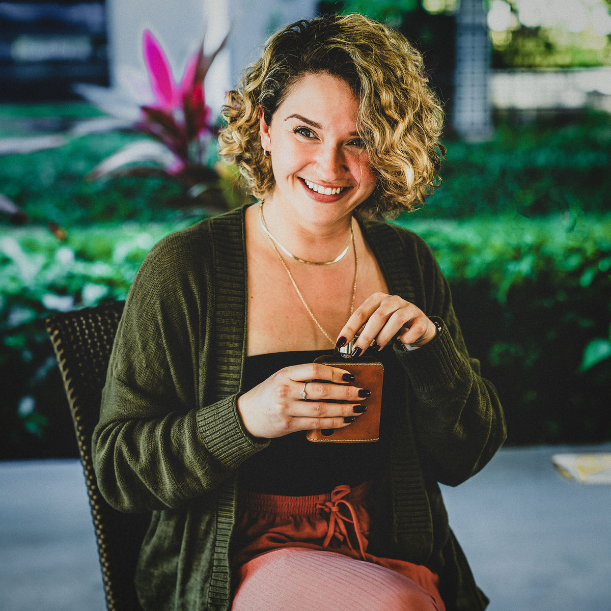 Dark &amp; Tan Leather Single Shot 100mL Glass Flask for women