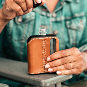 Black & Tan Leather Single Shot 100mL Glass Flask for camping