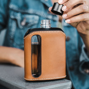 Black & Tan Leather Double Shot 240mL Glass Flask with metal lid