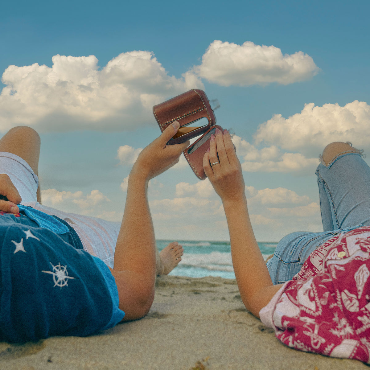 Dark Brown Leather Single 100mL and Double Shot 240mL Glass Flask Gift Set at the beach