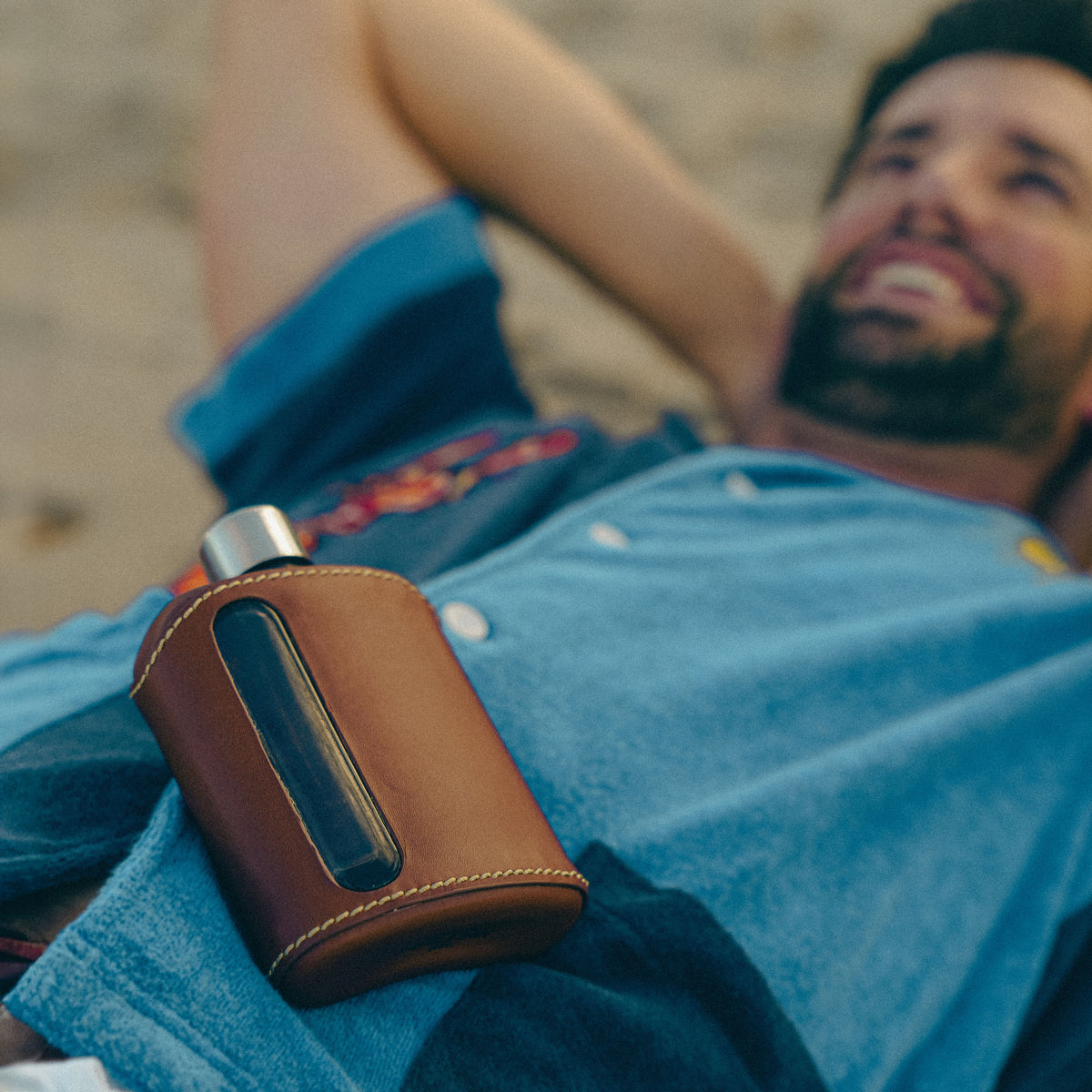 Dark Brown Leather Double Shot 240mL Glass Flask for camping