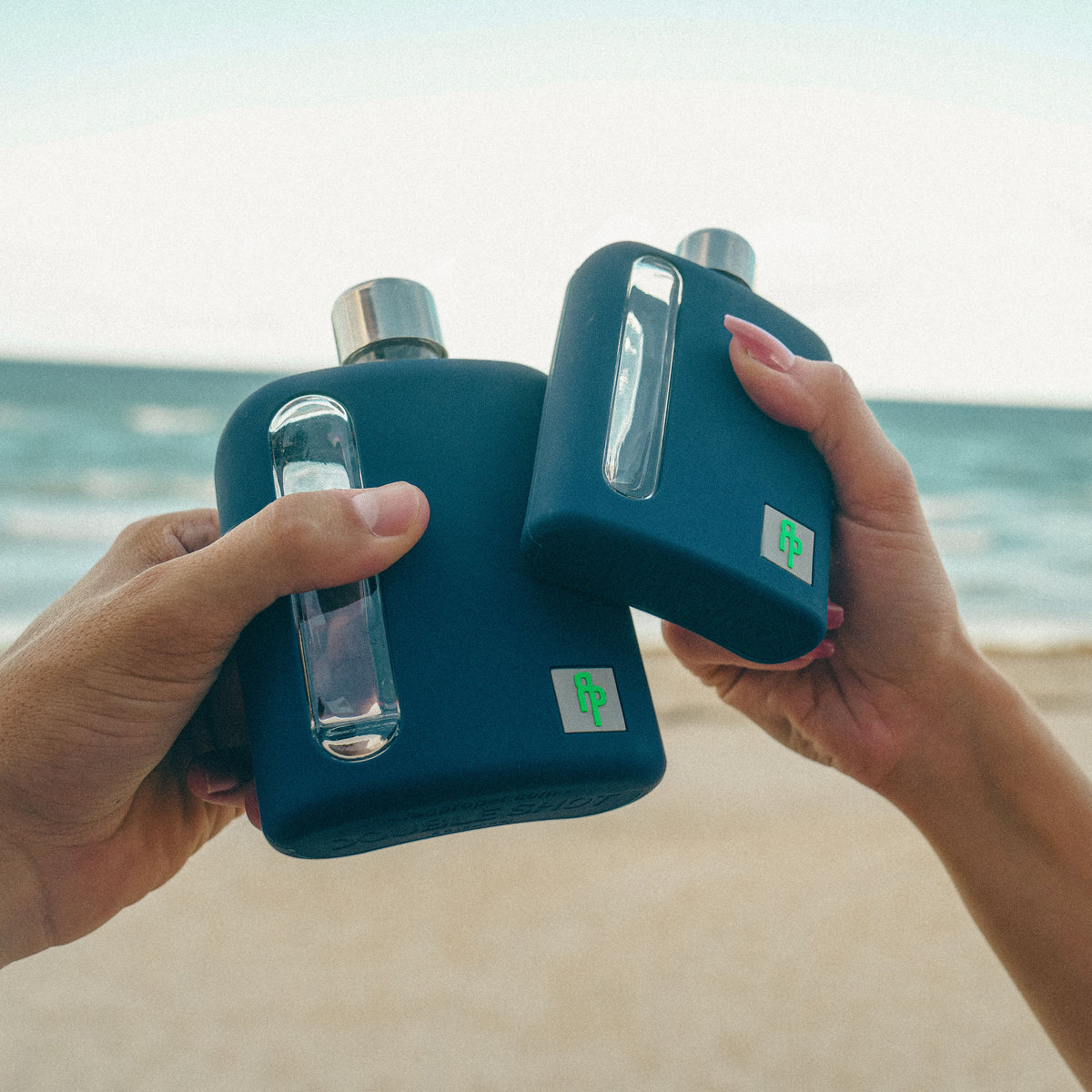 Seabird Blue Silicone Single 100mL and Double Shot 240mL Glass Flask Gift Set for the beach
