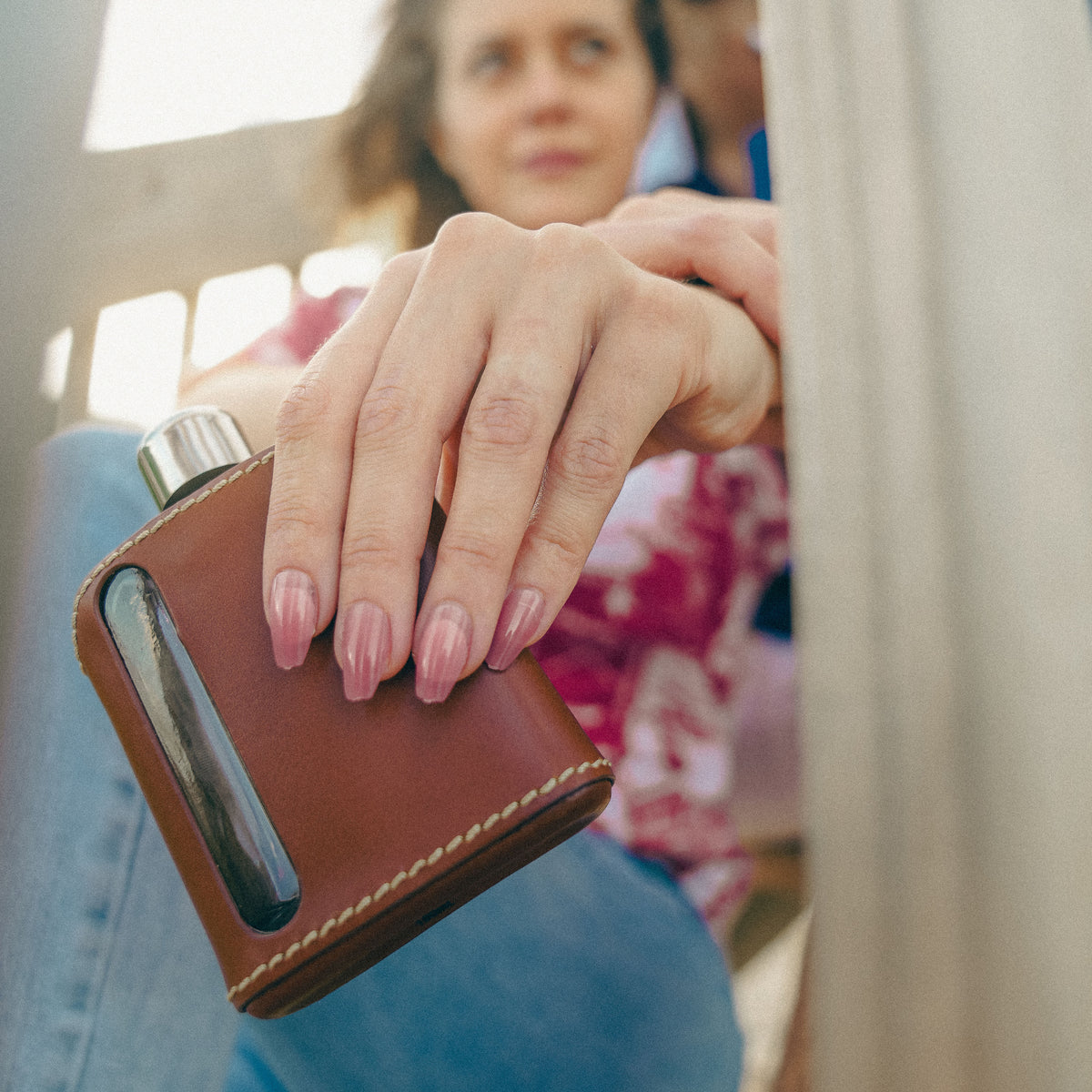 Dark Brown Leather Glass Flask Single Shot 100mL lifestyle Carrying