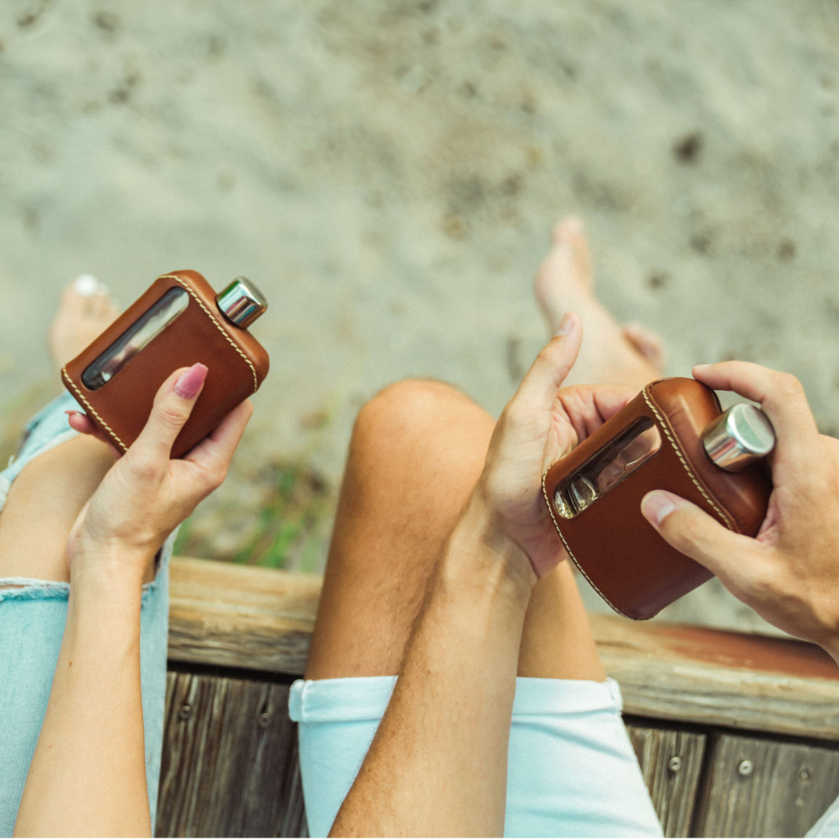 Dark Brown Leather Single 100mL and Double Shot 240mL Glass Flask Gift Set for camping