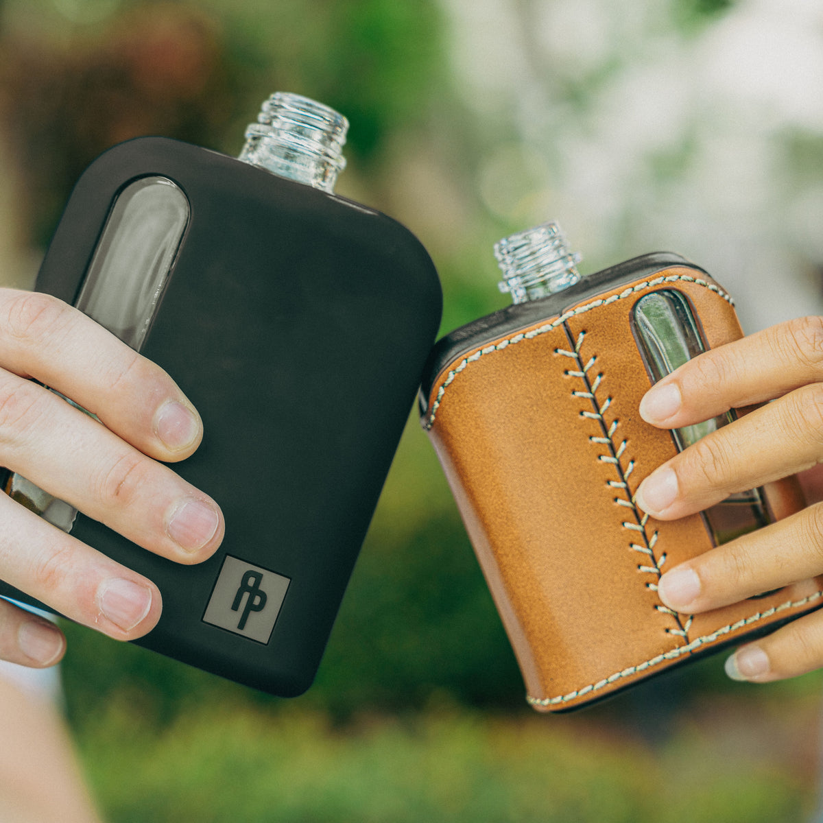 Black Silicone Double Shot 240mL Glass Flask with friends