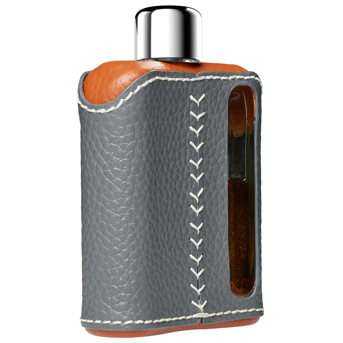 Gray &amp; Brown Leather Single Shot 100mL Glass Flask back