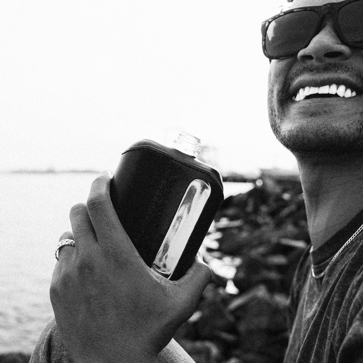 Black Leather Double Shot 240mL Glass Flask drinking