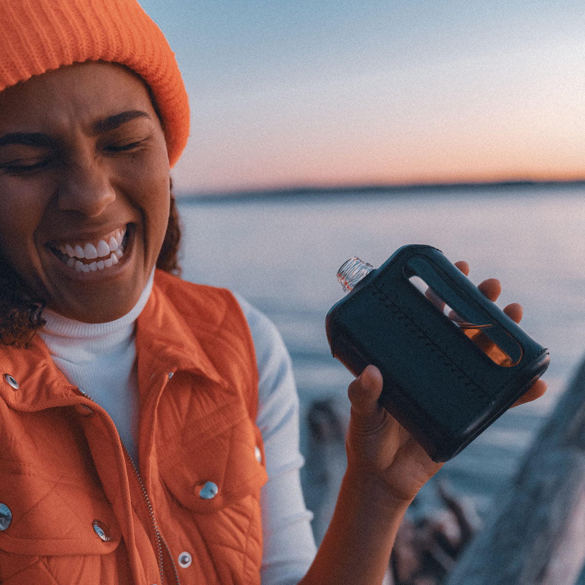 Black Leather Double Shot 240mL Glass Flask for women