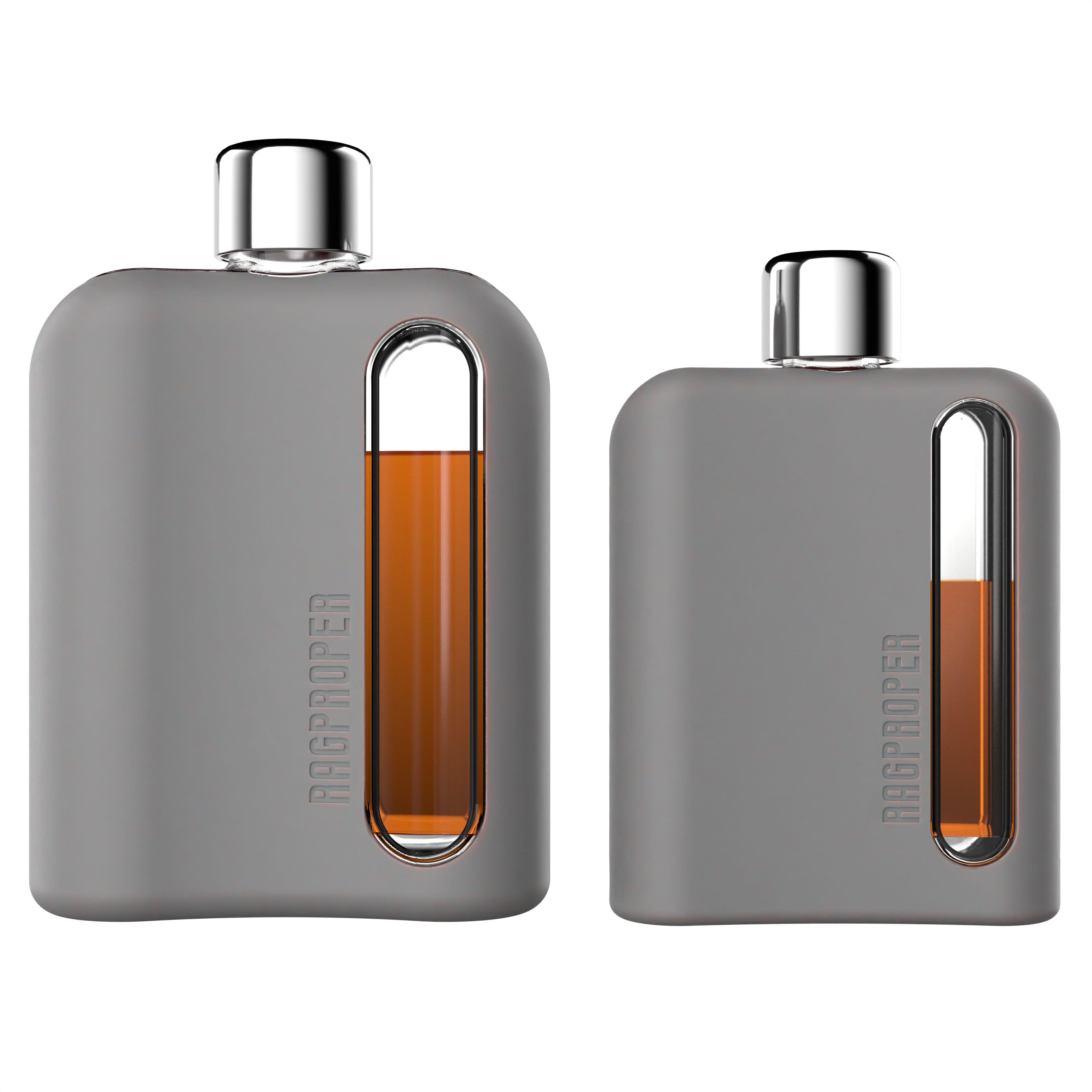 Ragproper Modern Glass Hip Flask with Cork & Silicone Lid Liners - Includes Metal & Plastic Lids, Funnel, Silicone Sleeve (Single Shot 100ml +