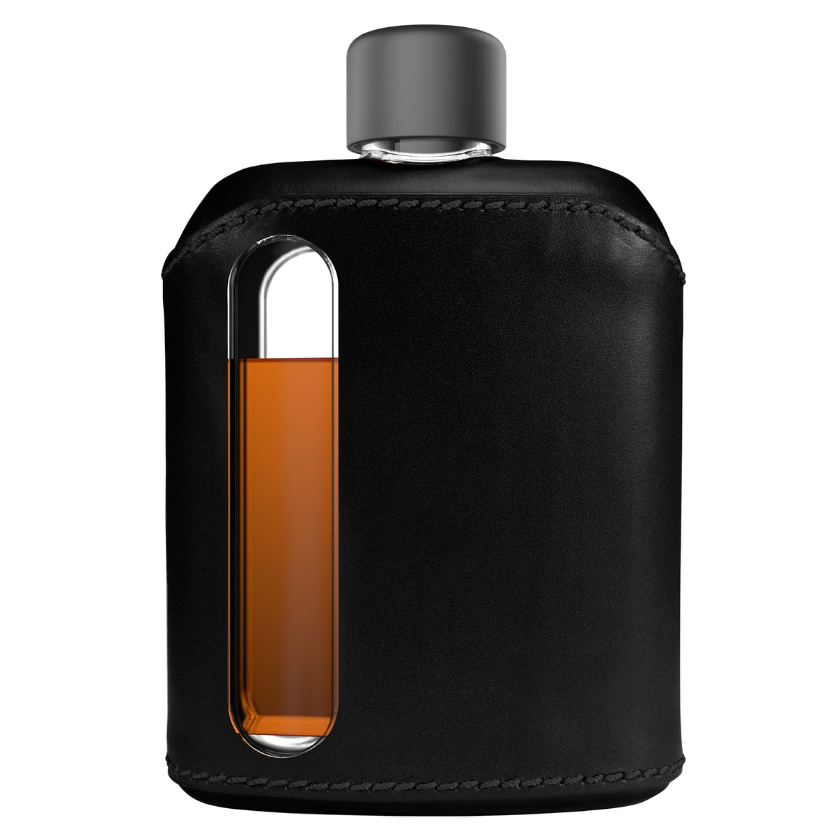 Black Leather Double Shot 240mL Glass Flask front
