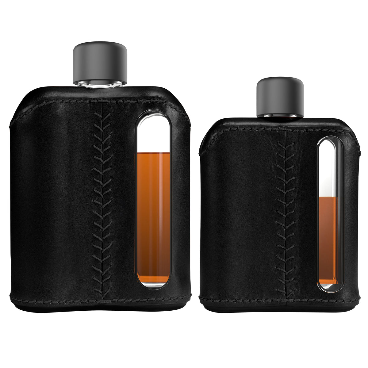 Black Leather Single 100mL and Double Shot 240mL Glass Flask Gift Set back