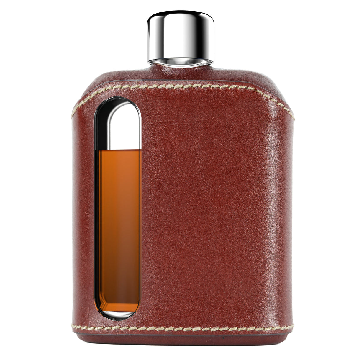 Dark Brown Leather Double Shot 240mL Glass Flask front