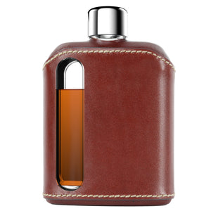 Dark Brown Leather Glass Flask (Double Shot 240mL)