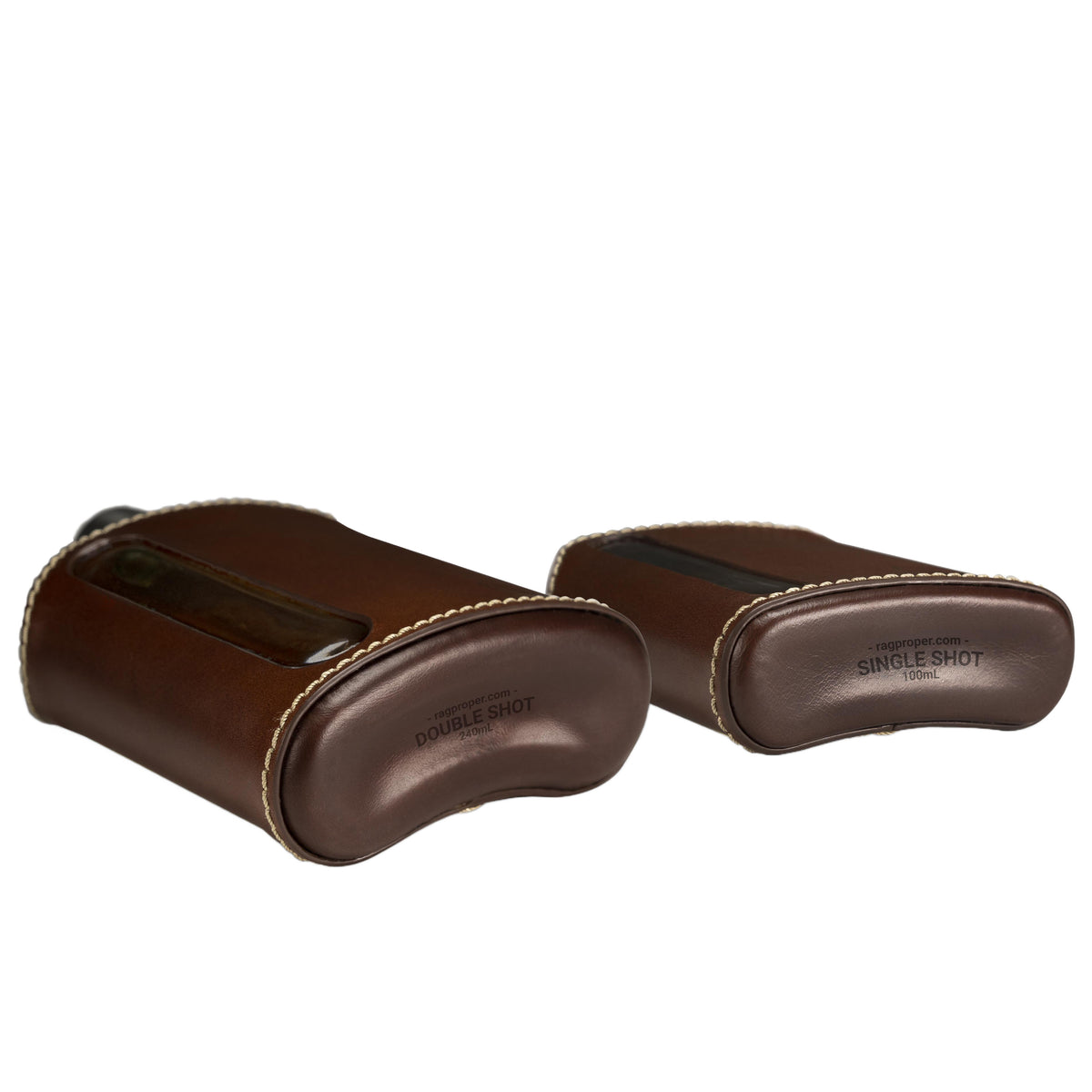 Dark Brown Leather Single 100mL and Double Shot 240mL Glass Flask Gift Set bottom