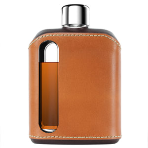 Dark & Tan Leather Double Shot 240mL Glass Flask front