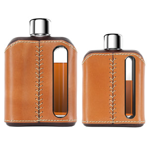 Dark & Tan Leather Glass Flask Gift Set (Single Shot 100mL + Double Shot 240mL)