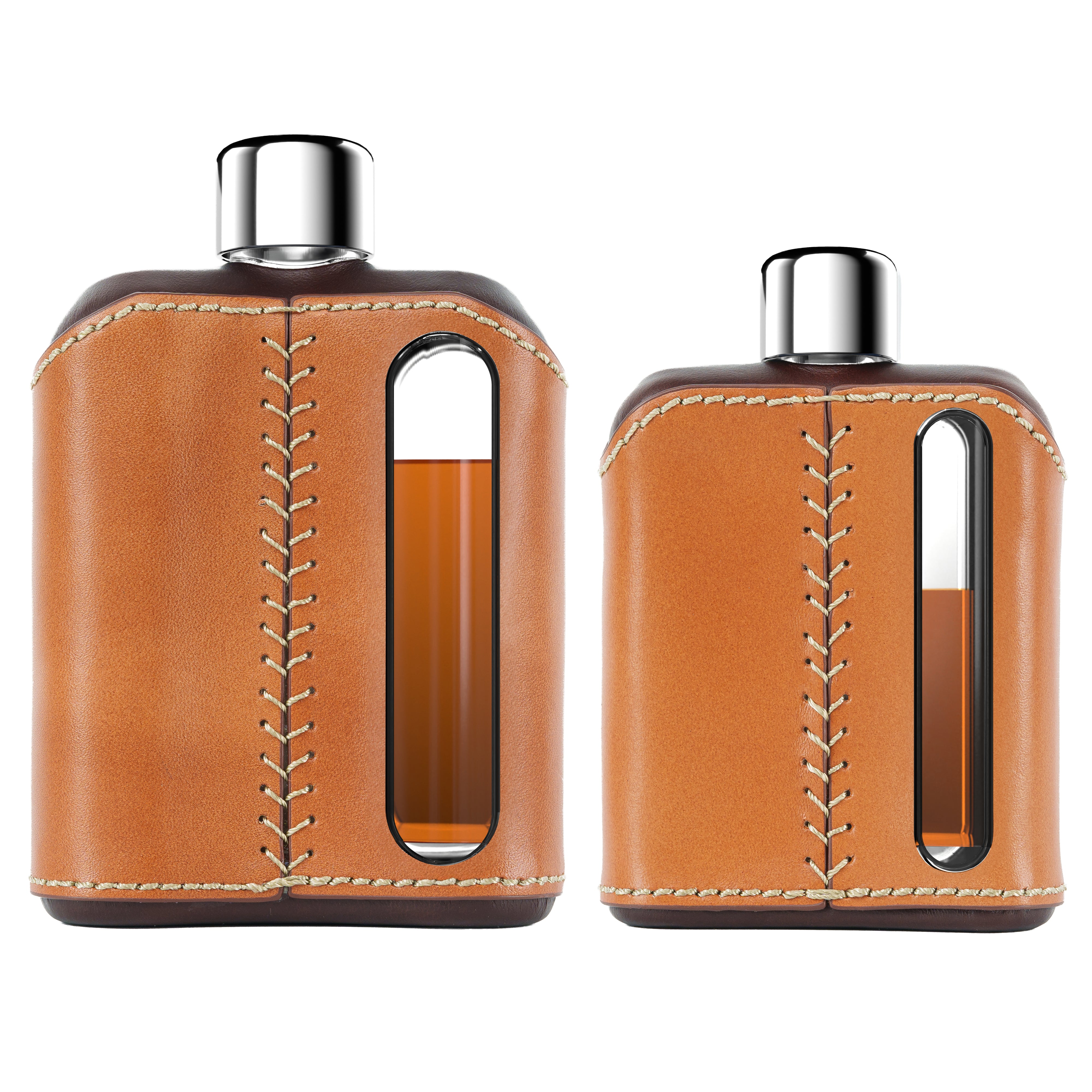 Handbag Flasks Dark & Tan Leather Glass Flask Gift Set (Single Shot 100mL + Double Sh ...