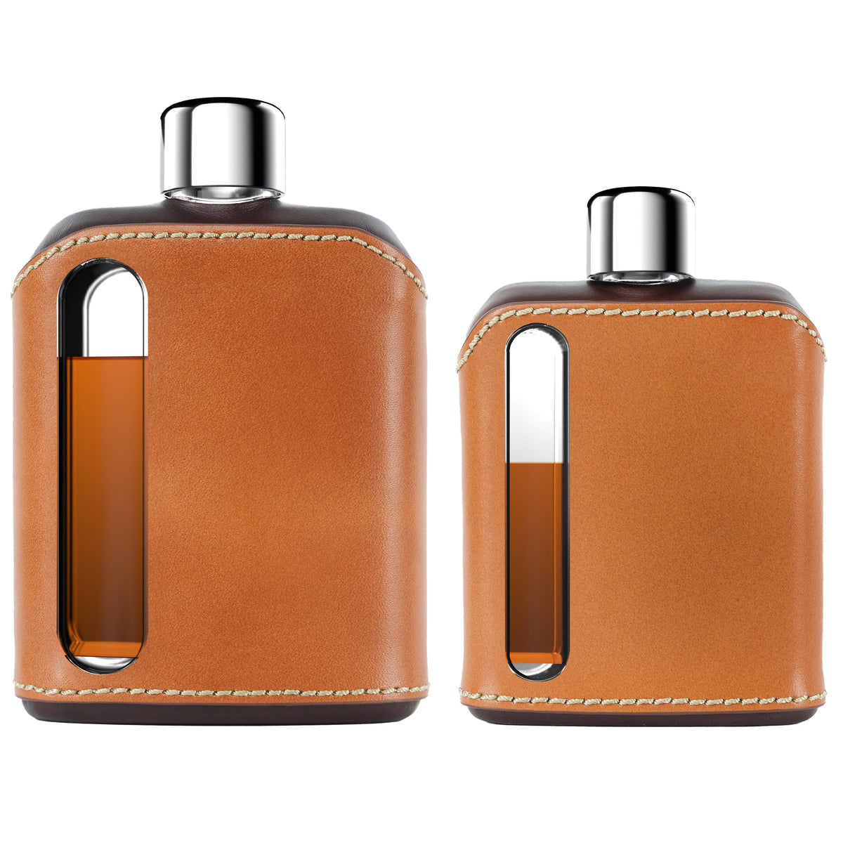 Dark &amp; Tan Leather Single 100mL and Double Shot 240mL Glass Flask Gift Set front