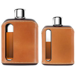 Dark & Tan Leather Single 100mL and Double Shot 240mL Glass Flask Gift Set front