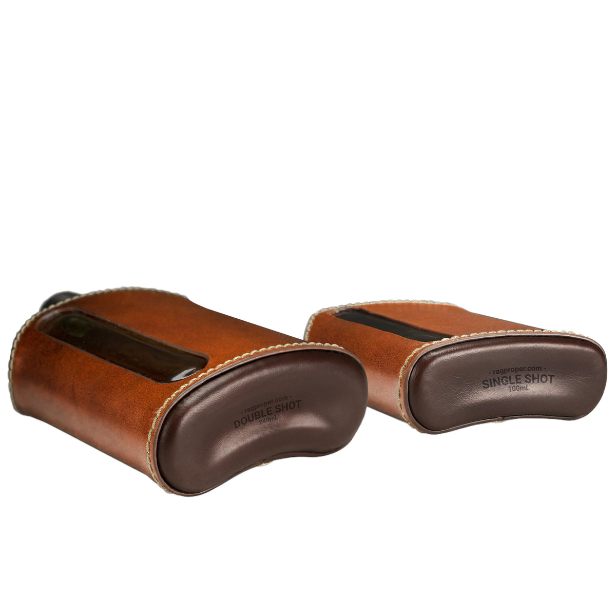Dark &amp; Tan Leather Single 100mL and Double Shot 240mL Glass Flask Gift Set bottom