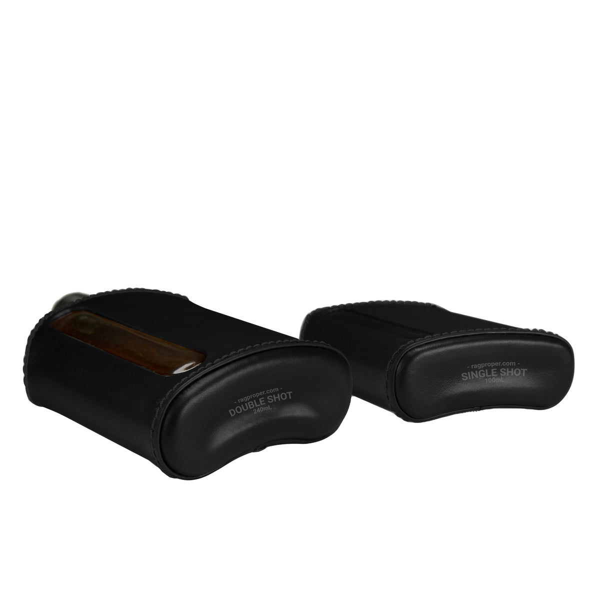 Black Leather Single 100mL and Double Shot 240mL Glass Flask Gift Set bottom