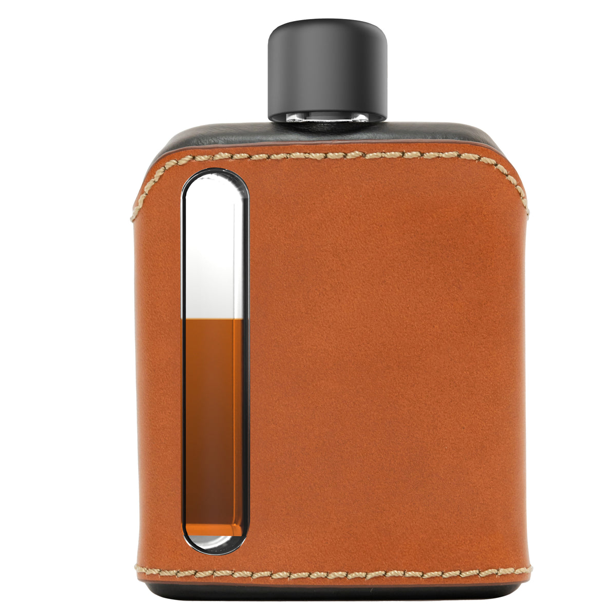Black &amp; Tan Leather Single Shot 100mL Glass Flask front