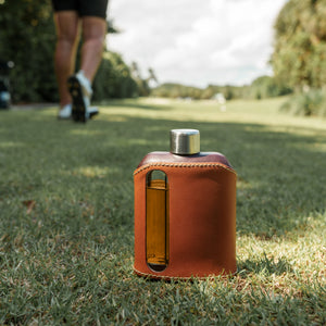 Dark & Tan Leather Double Shot 240mL Glass Flask for golfing